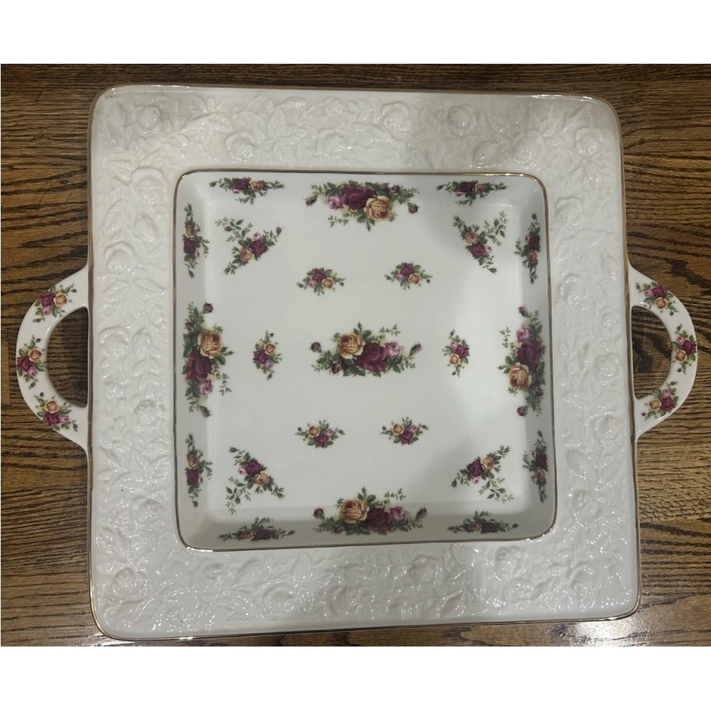 NWOB Vintage 18" Sculptured Square Serving Platter Old Country Roses from 1962